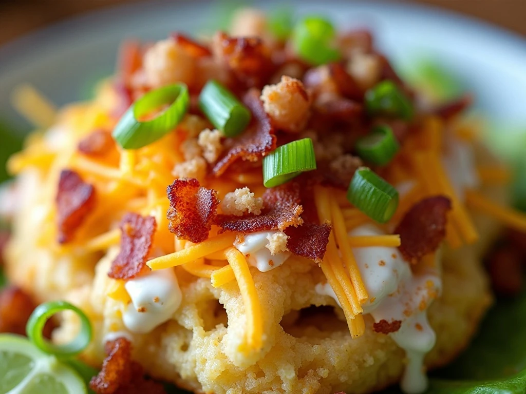 Close-up of bacon, cheddar, and green onion topping on cornbread salad