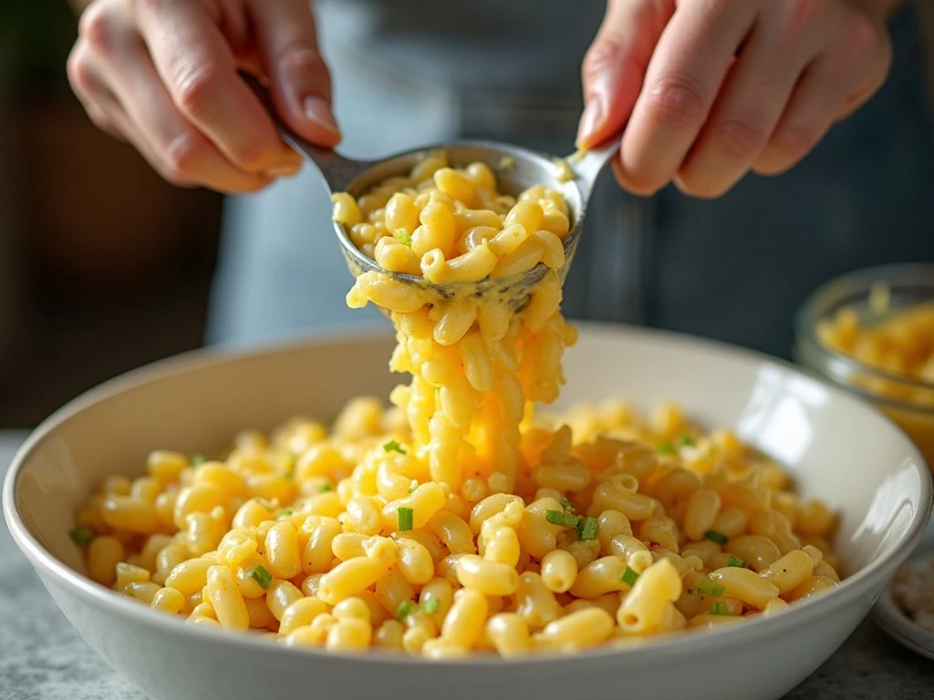 Mixing macaroni salad ingredients in a large bowl