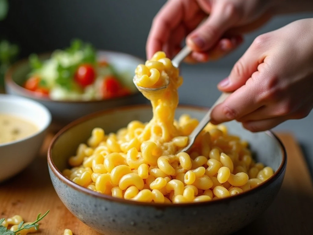 Cooled macaroni and creamy dressing prepared for mixing