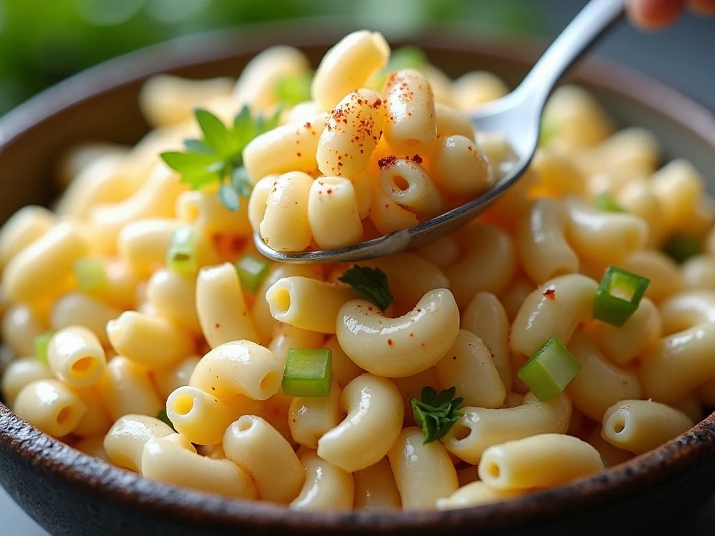 Chilled creamy macaroni salad ready to serve