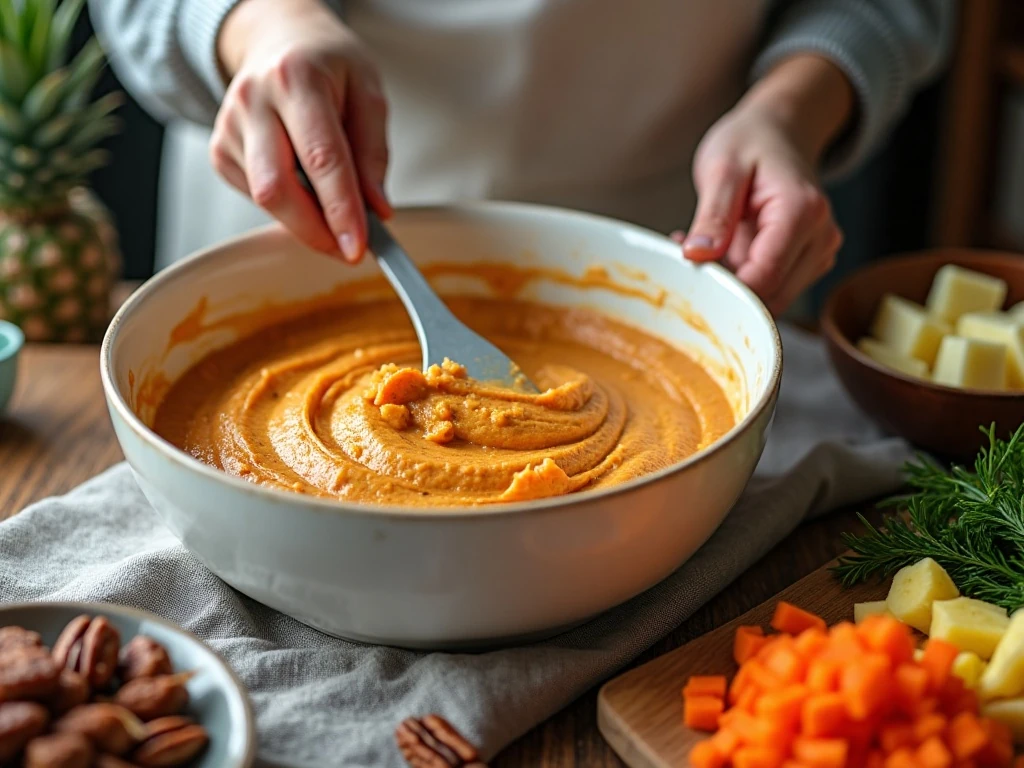 Folding carrots, pineapple, and pecans into carrot cake batter