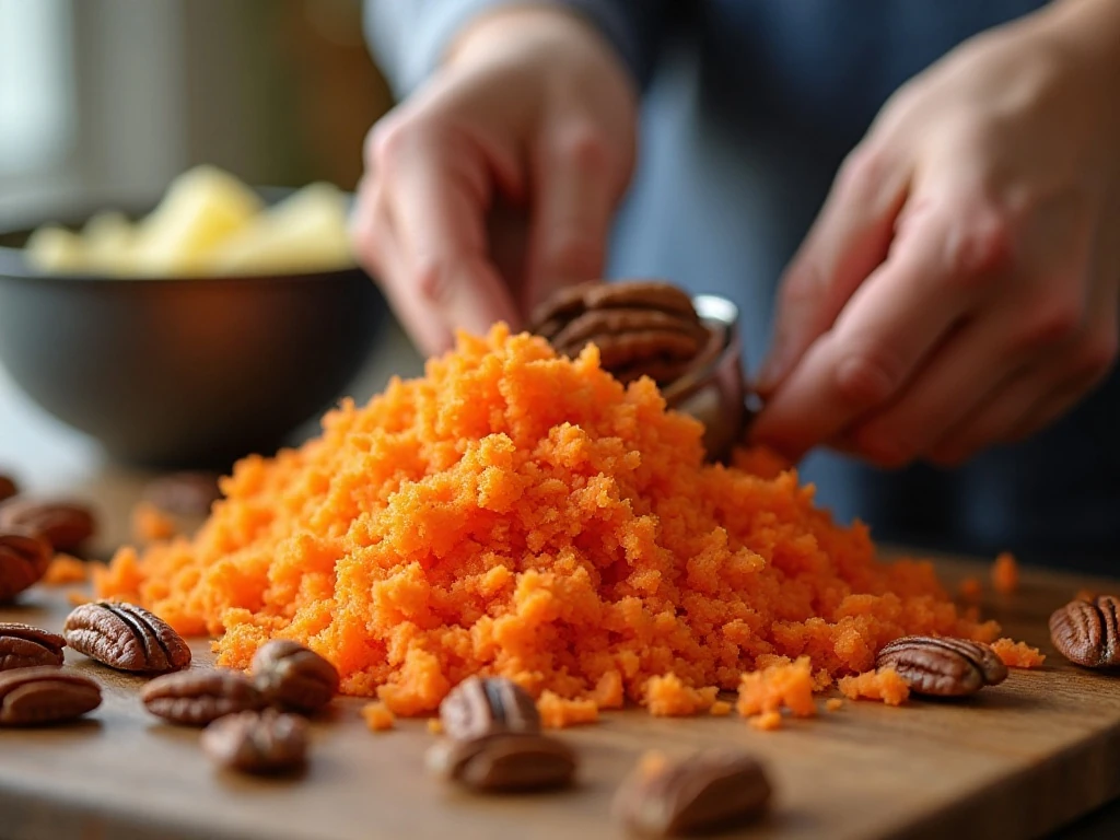 Freshly grated carrots, drained pineapple, and toasted pecans for carrot cake
