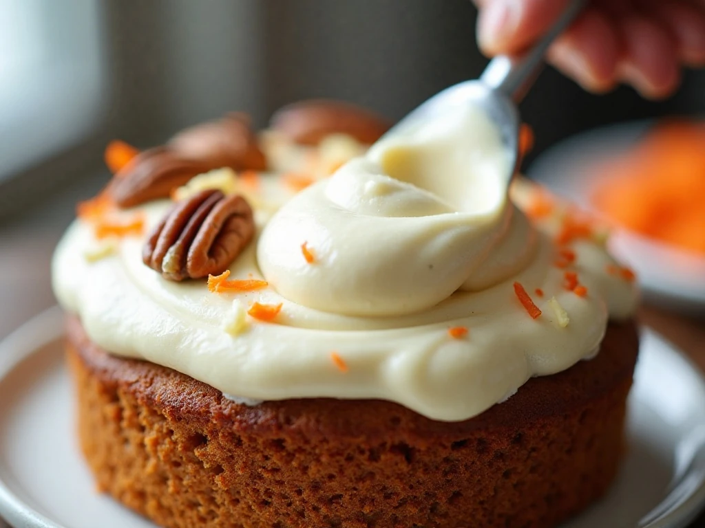 Cream-cheese frosting and toasted pecan garnish on carrot cake