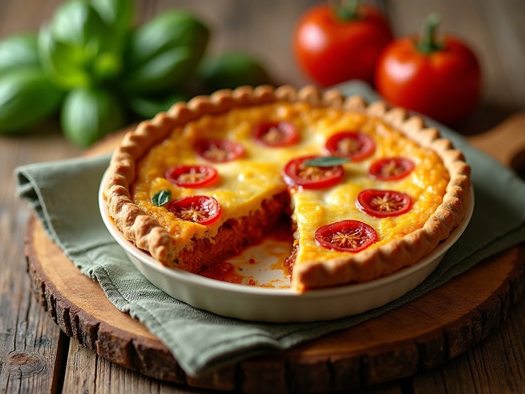 Golden Southern tomato pie with a slice showing layers of tomatoes, herbs, and melted cheese