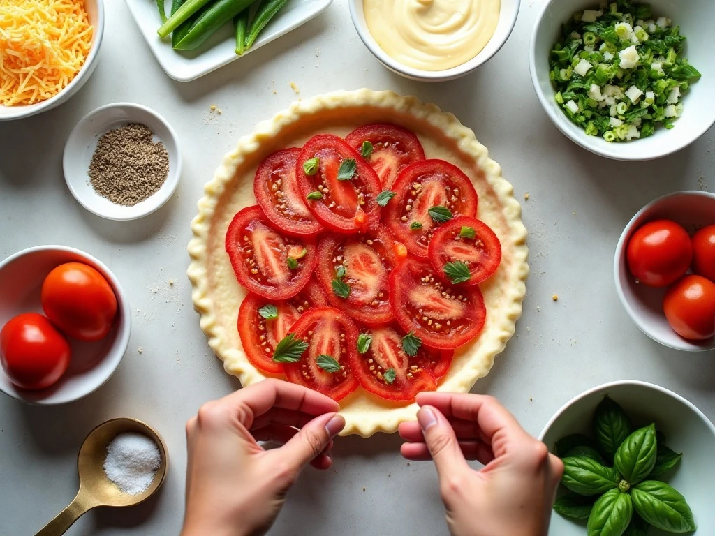 Ingredients for Southern tomato pie arranged in a kitchen flat lay