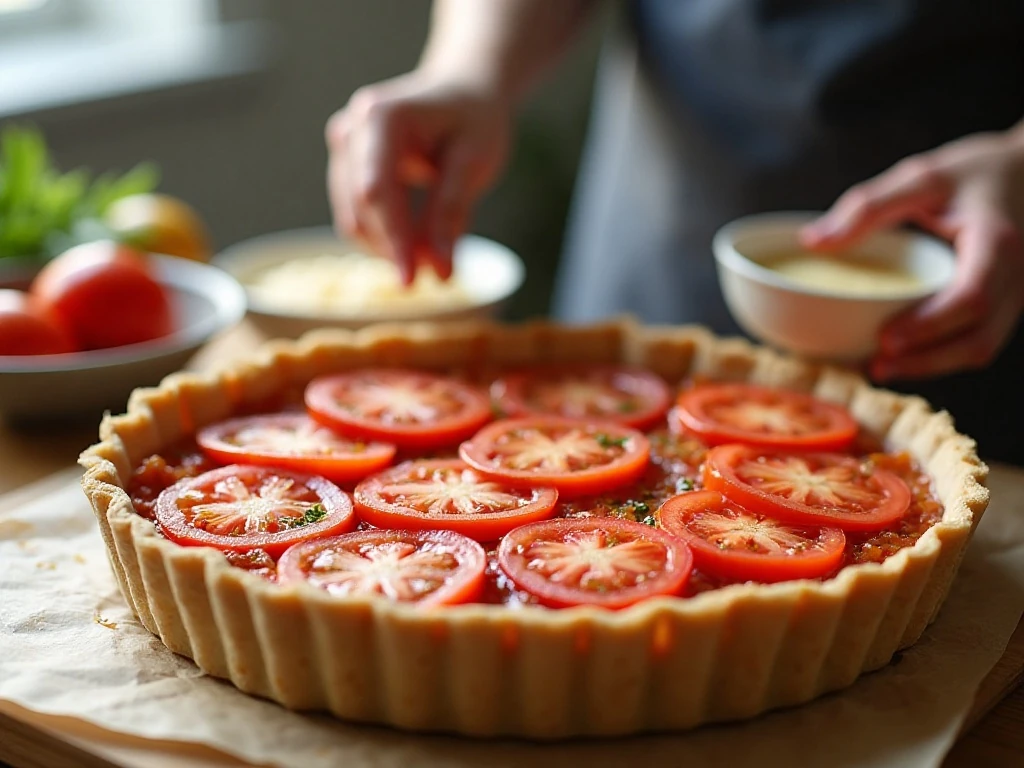 Drained tomato slices and partially baked pie crust prepared for tomato pie