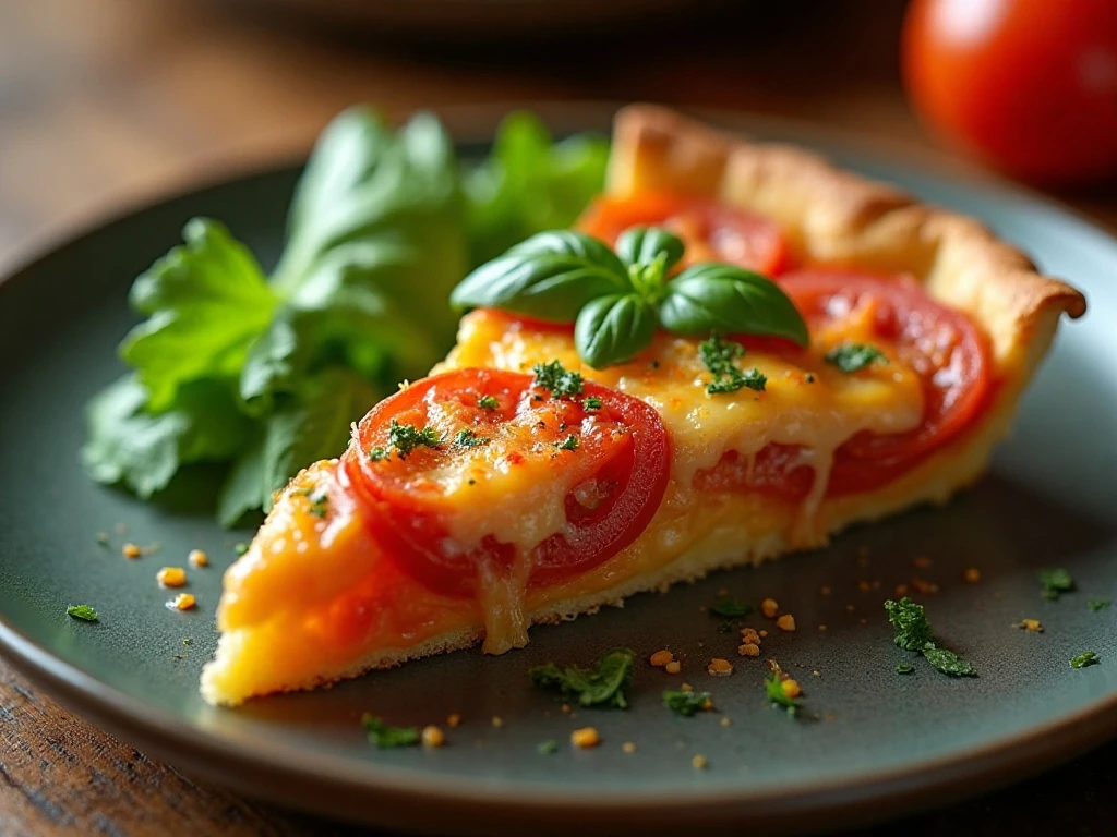 A warm slice of Southern tomato pie served with fresh basil and salad