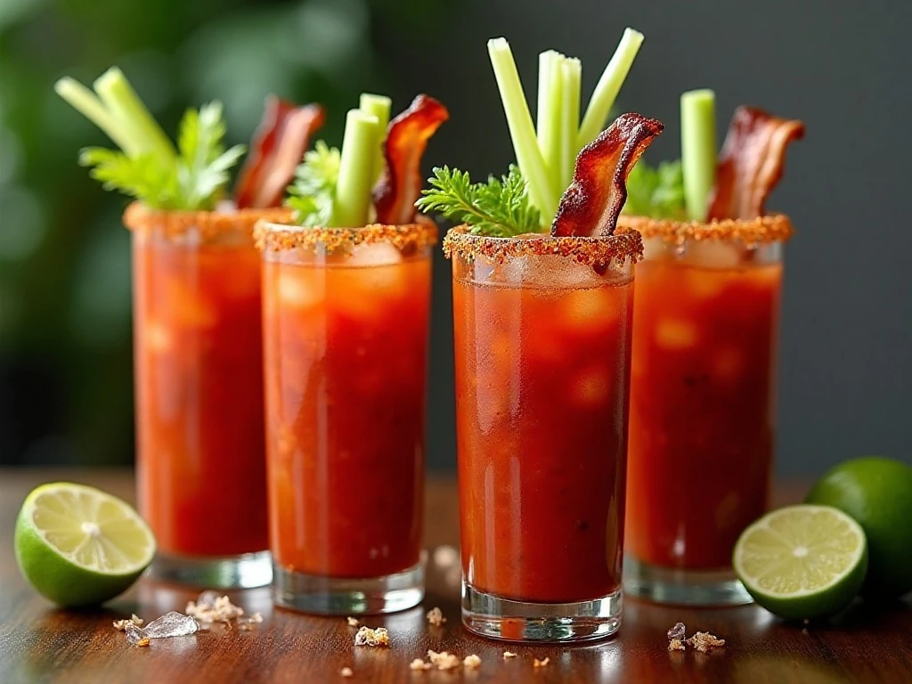 Four Southwest Bloody Mary cocktails garnished with bacon, celery, lime, and jalapeño