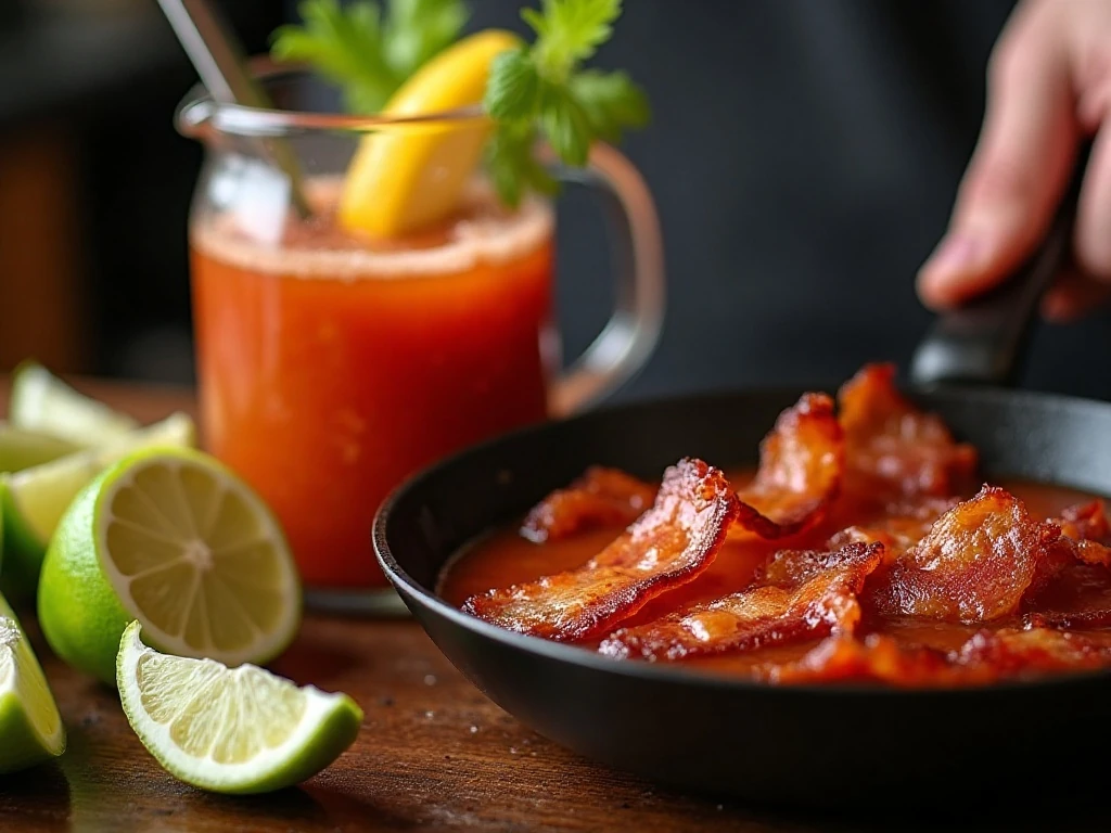 Bacon cooking for Southwest Bloody Mary cocktails