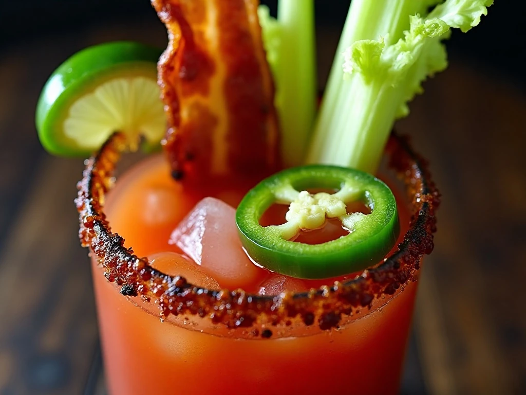 Close-up of bacon and chili-lime garnishes on a Bloody Mary