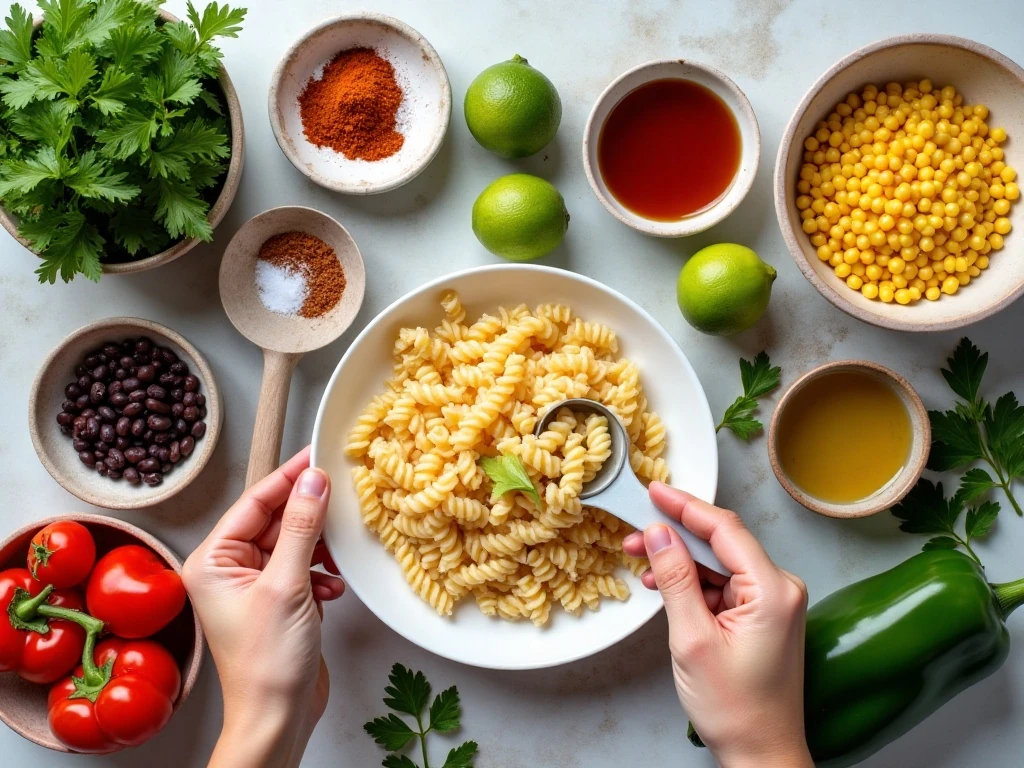 Ingredients for zesty Southwest pasta salad and chili-lime dressing