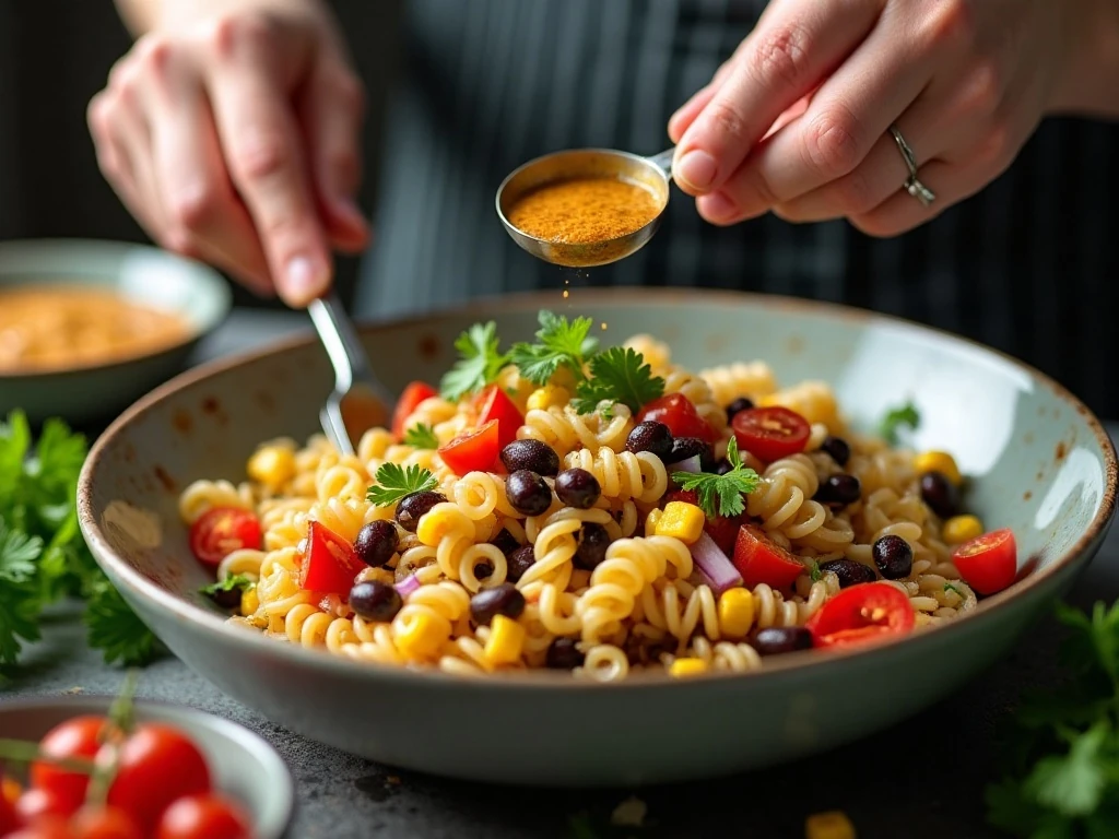 Pasta salad ingredients being tossed with chili-lime dressing