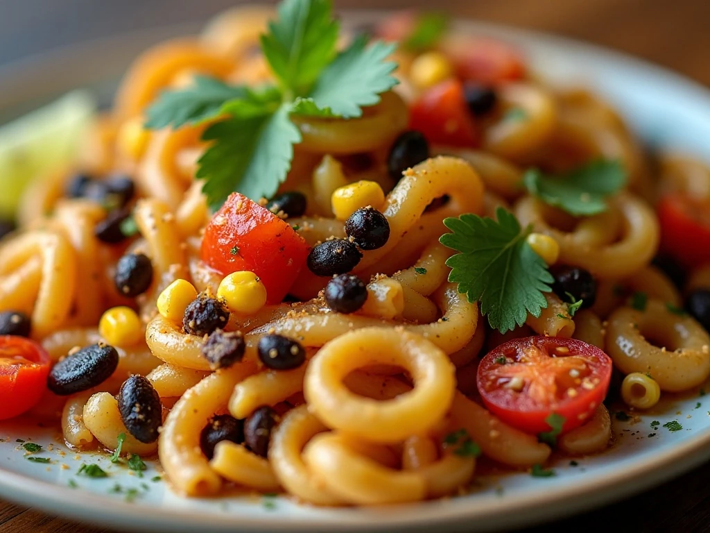Close-up of colorful pasta salad ingredients and fresh cilantro