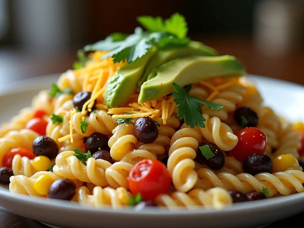 Southwest pasta salad with avocado cheese and jalapeño toppings