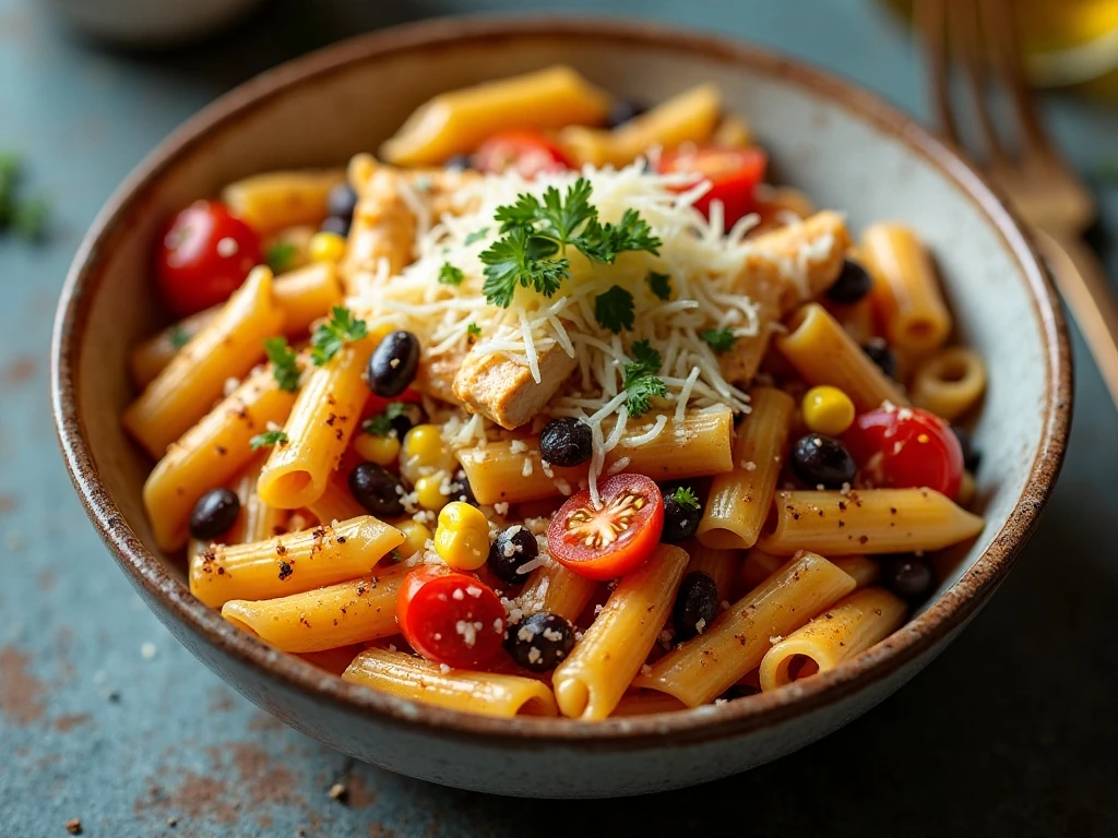 Bowl of colorful Southwest pasta with chicken, black beans, corn, and cheese