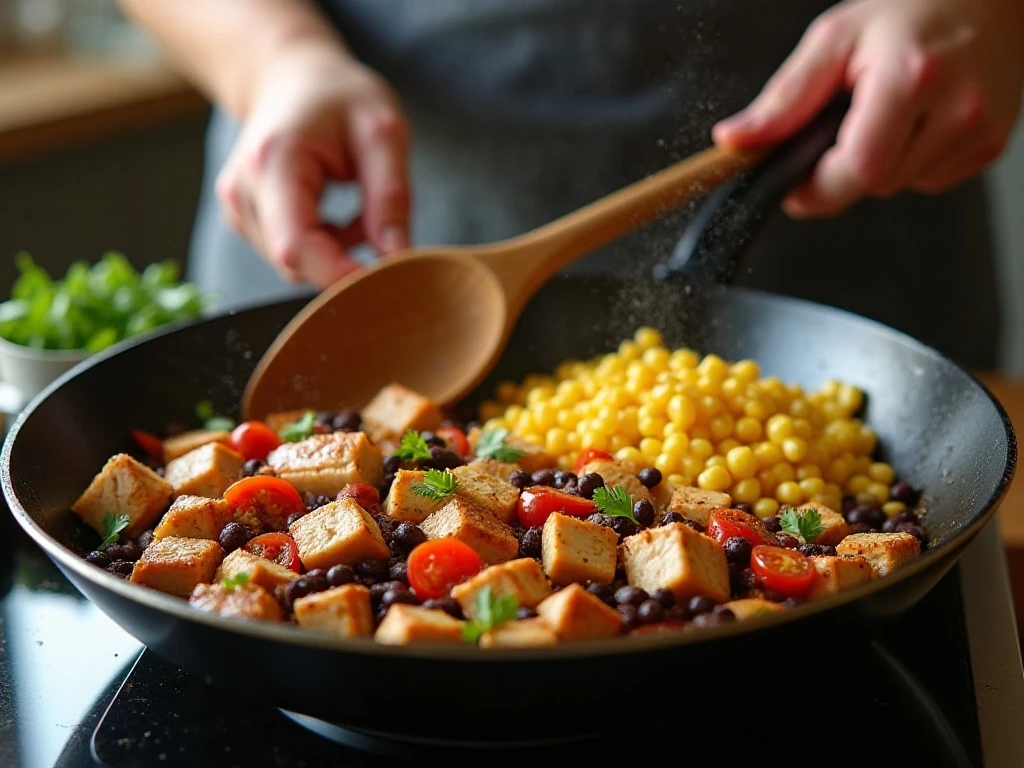 Chicken and Southwestern ingredients cooking in a skillet for pasta