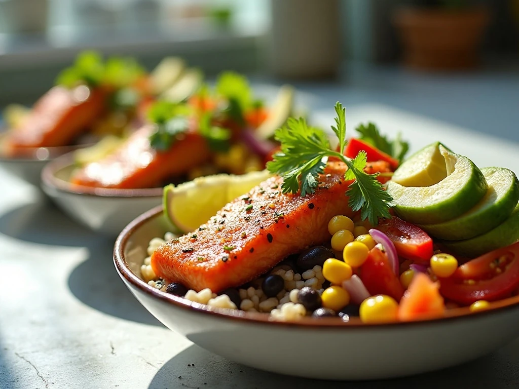 Colorful Southwest salmon bowls with rice, beans, corn, avocado, and lime crema