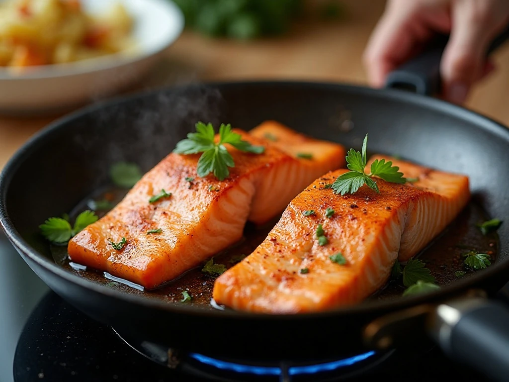 Southwest seasoned salmon cooking in a skillet