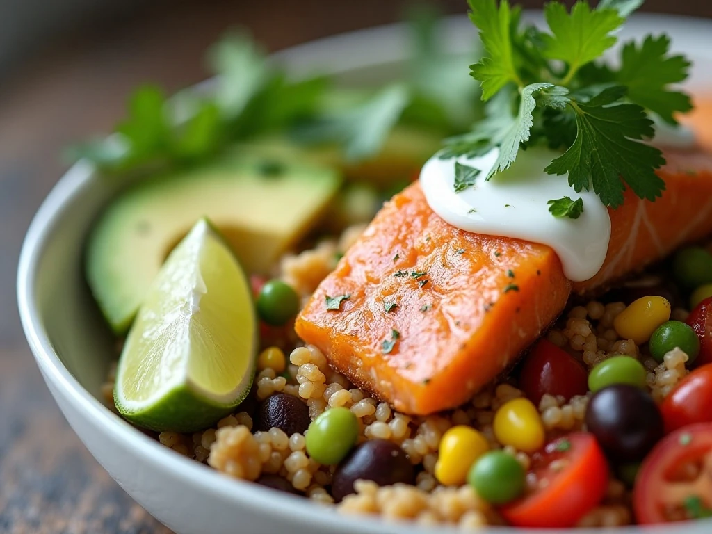 Salmon bowl garnished with cilantro, lime crema, and lime wedges