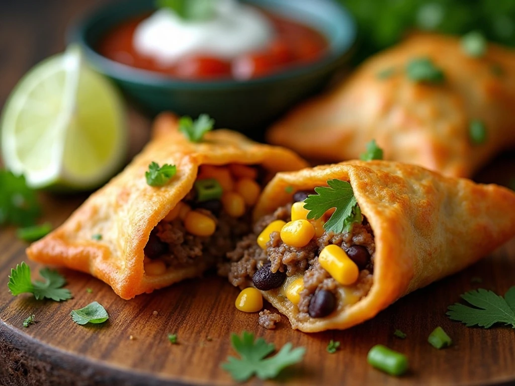 Crisp Southwest wonton showing its cheesy beef and bean filling