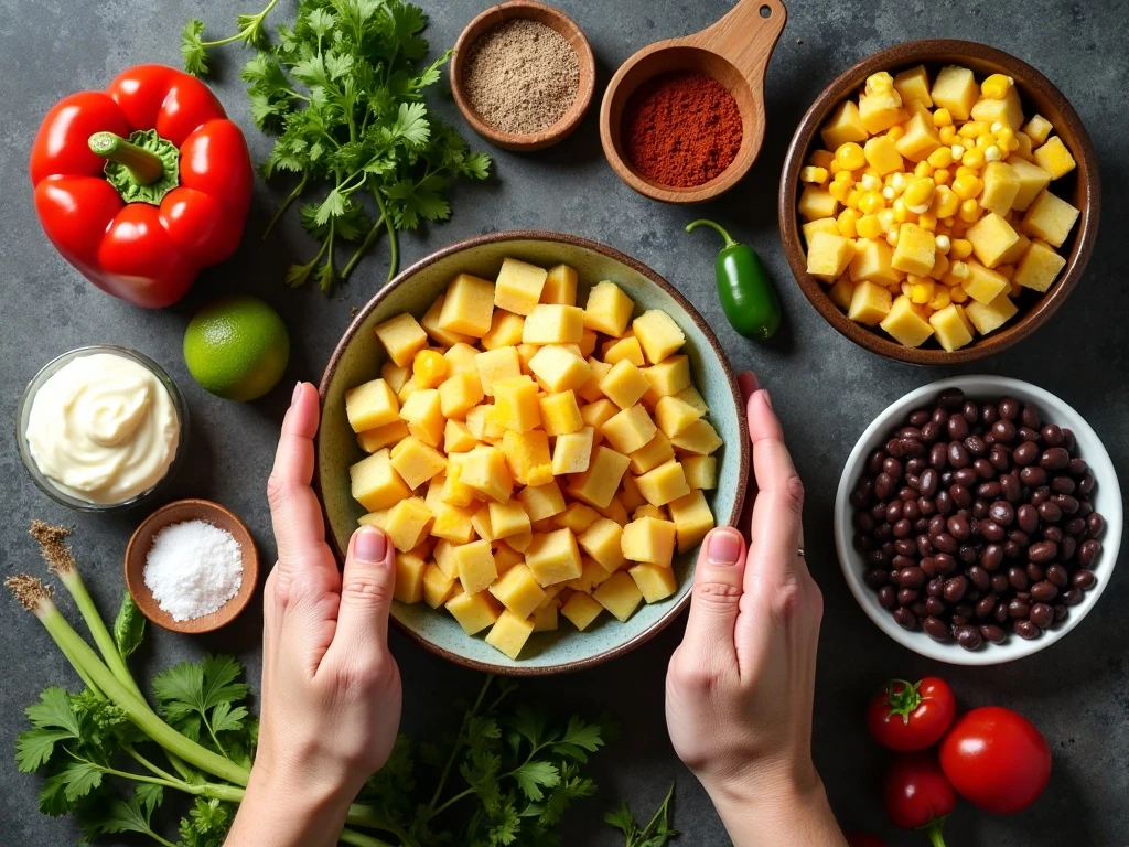 Ingredients for Southwestern potato salad arranged on a kitchen surface