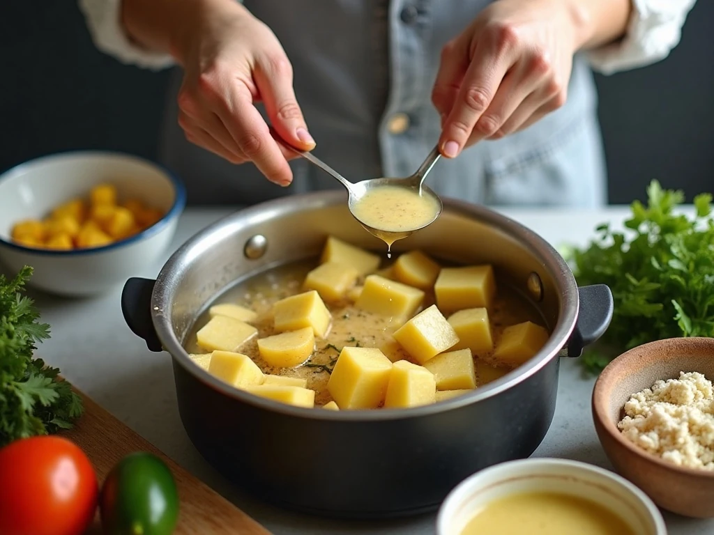 Potatoes cooking while Southwestern potato salad ingredients are prepared