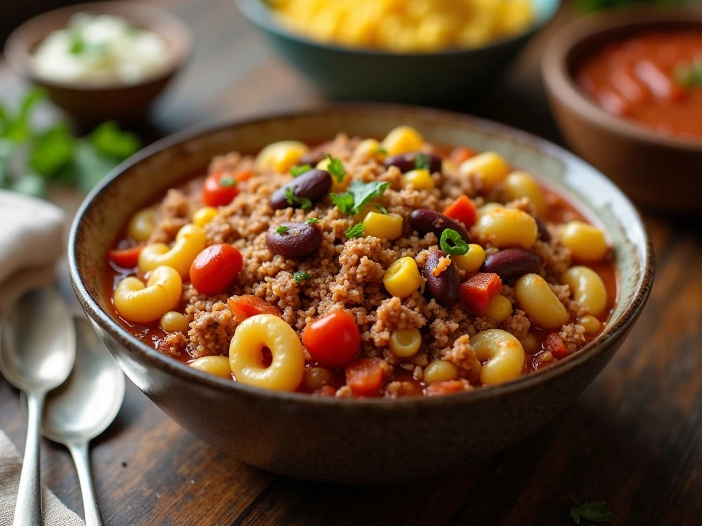 Bowl of hearty Southwestern Weight Watchers goulash with macaroni, beans, corn, and tomatoes