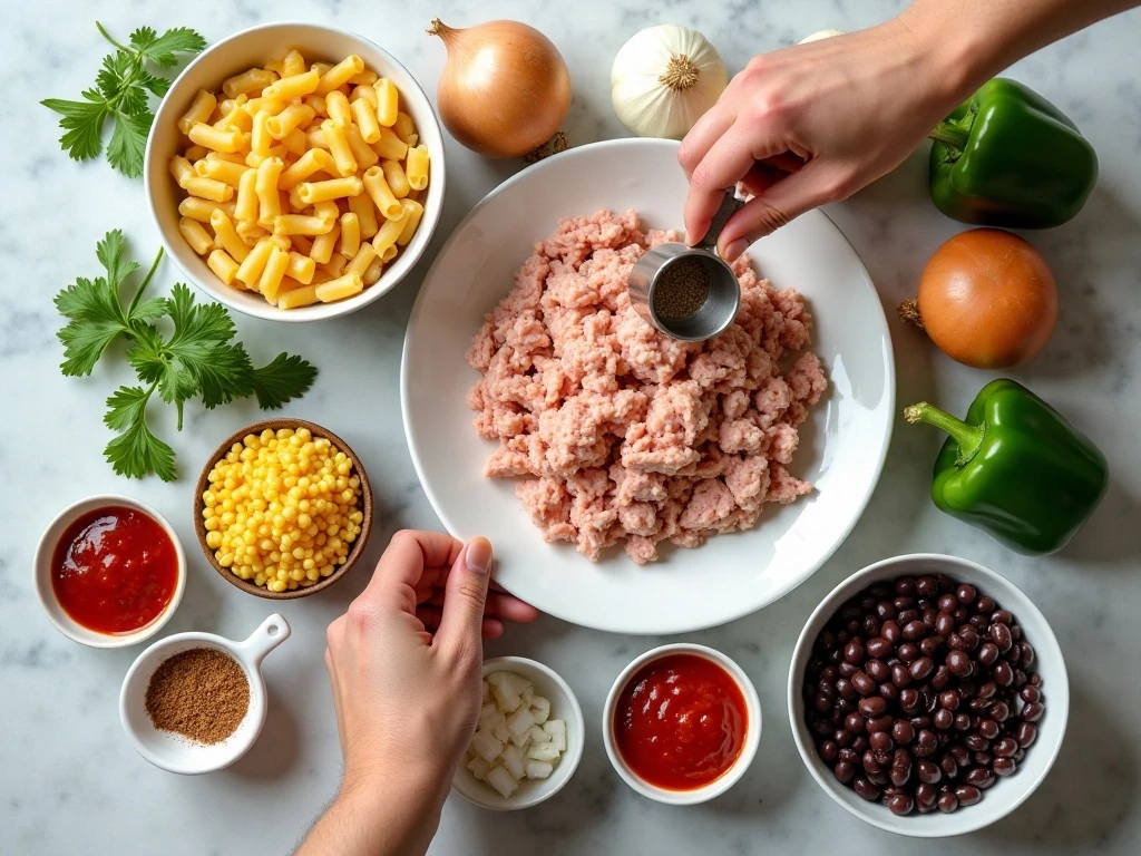 Ingredients for Southwestern goulash arranged on a kitchen counter