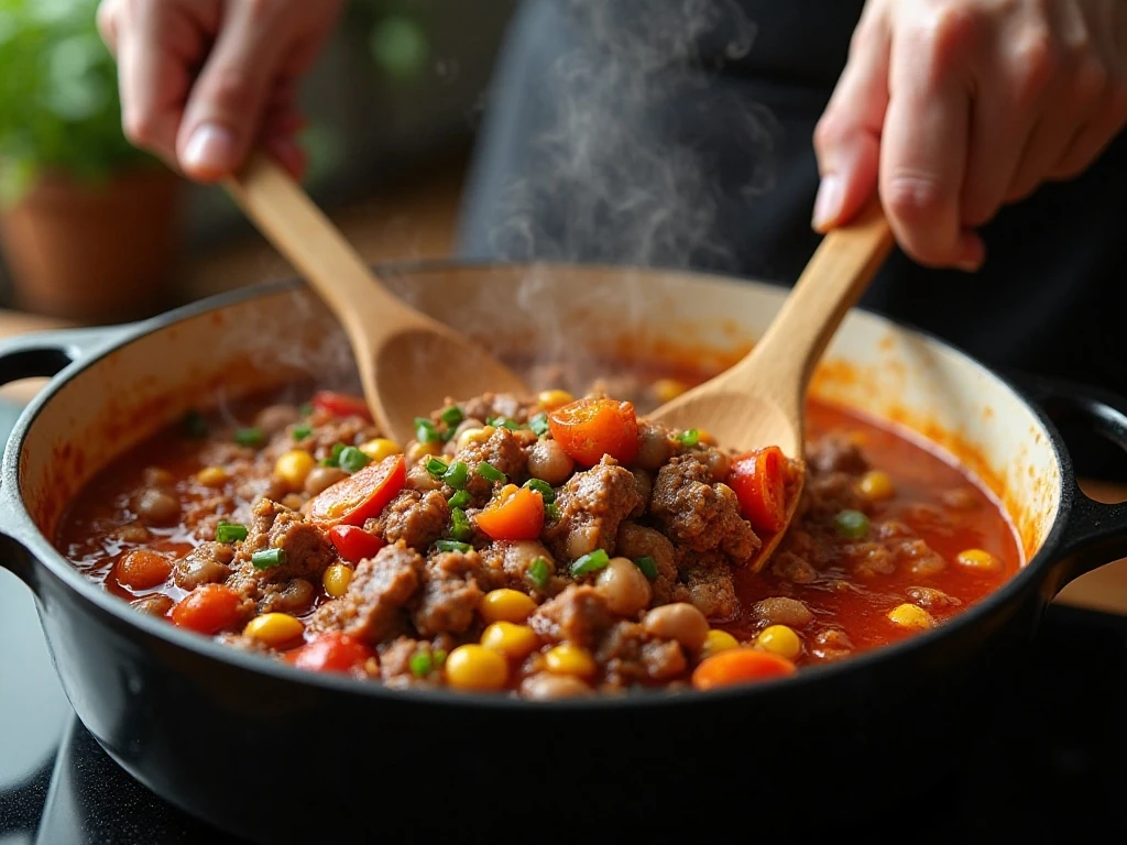 Southwestern goulash simmering with meat, vegetables, beans, corn, and tomato sauce