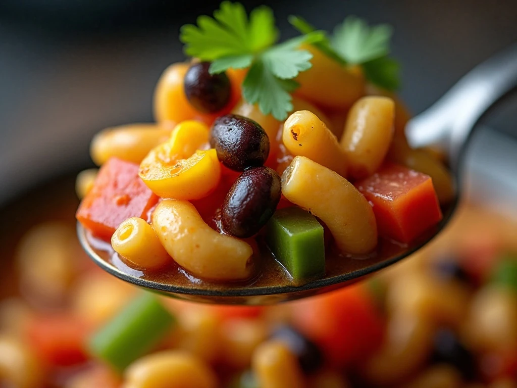 Close-up texture of macaroni, beans, corn, and vegetables in Southwestern goulash