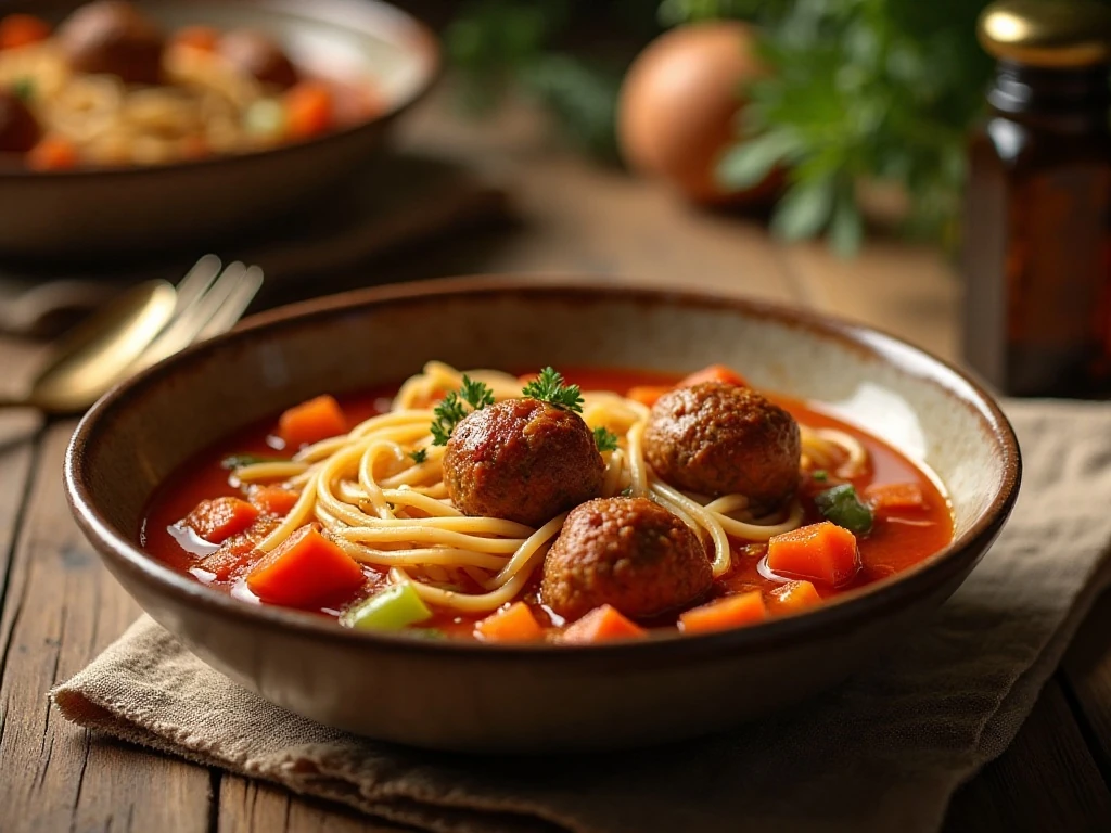 Bowl of homemade spaghetti and meatball soup with vegetables and Parmesan
