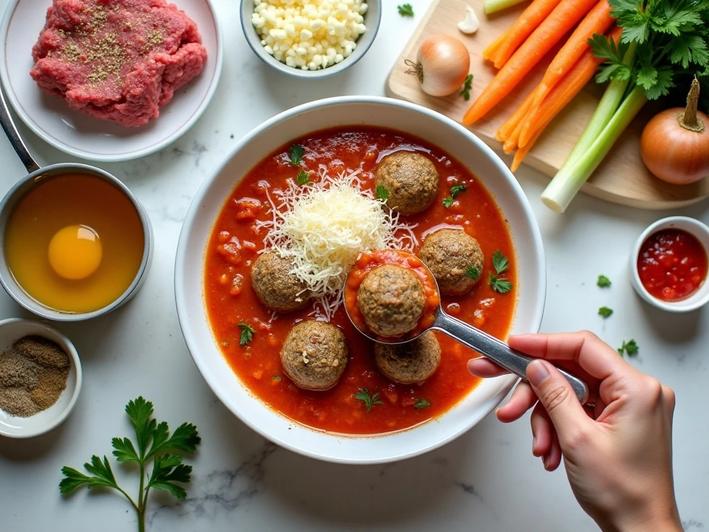 Ingredients for easy spaghetti and meatball soup arranged on a counter