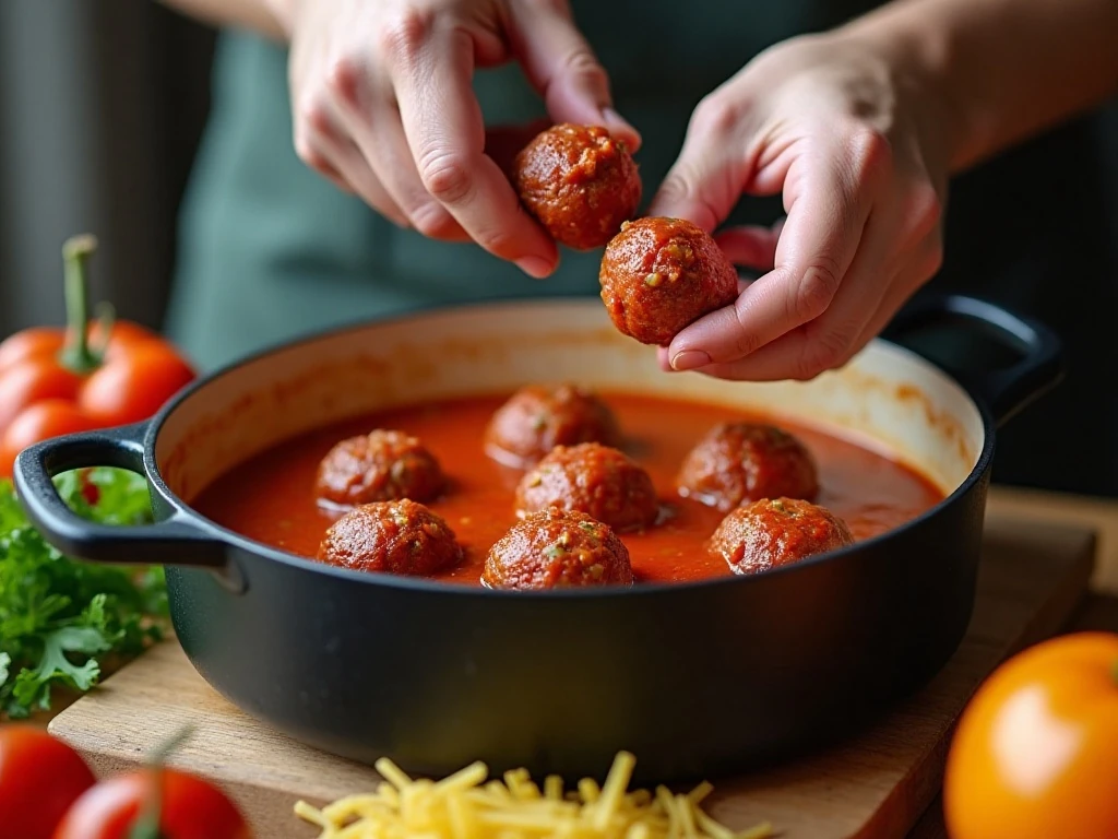 Preparing small homemade meatballs for spaghetti and meatball soup