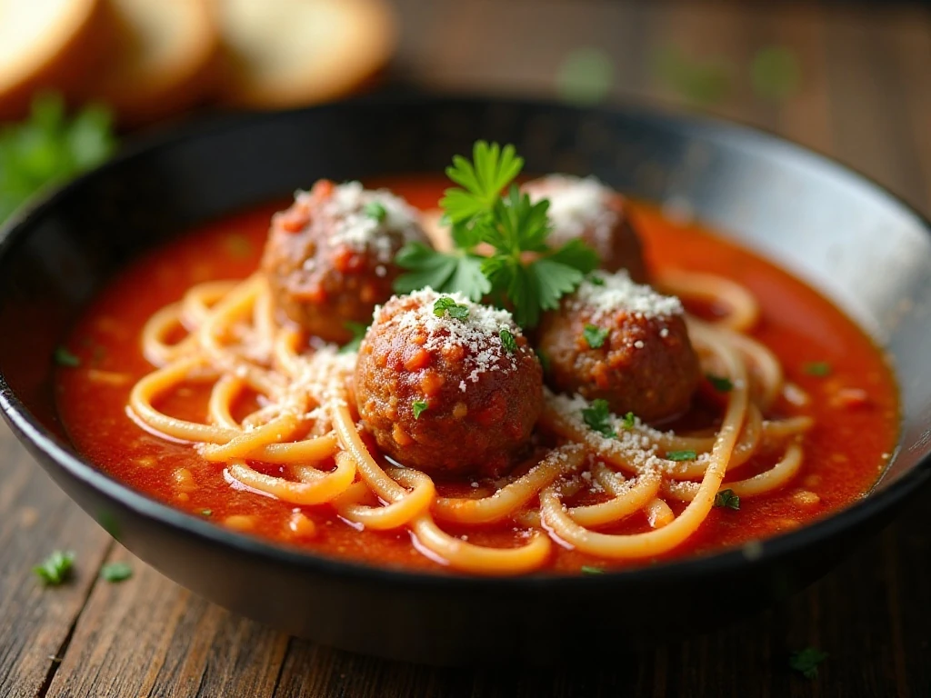 Spaghetti and meatball soup garnished with parsley and Parmesan