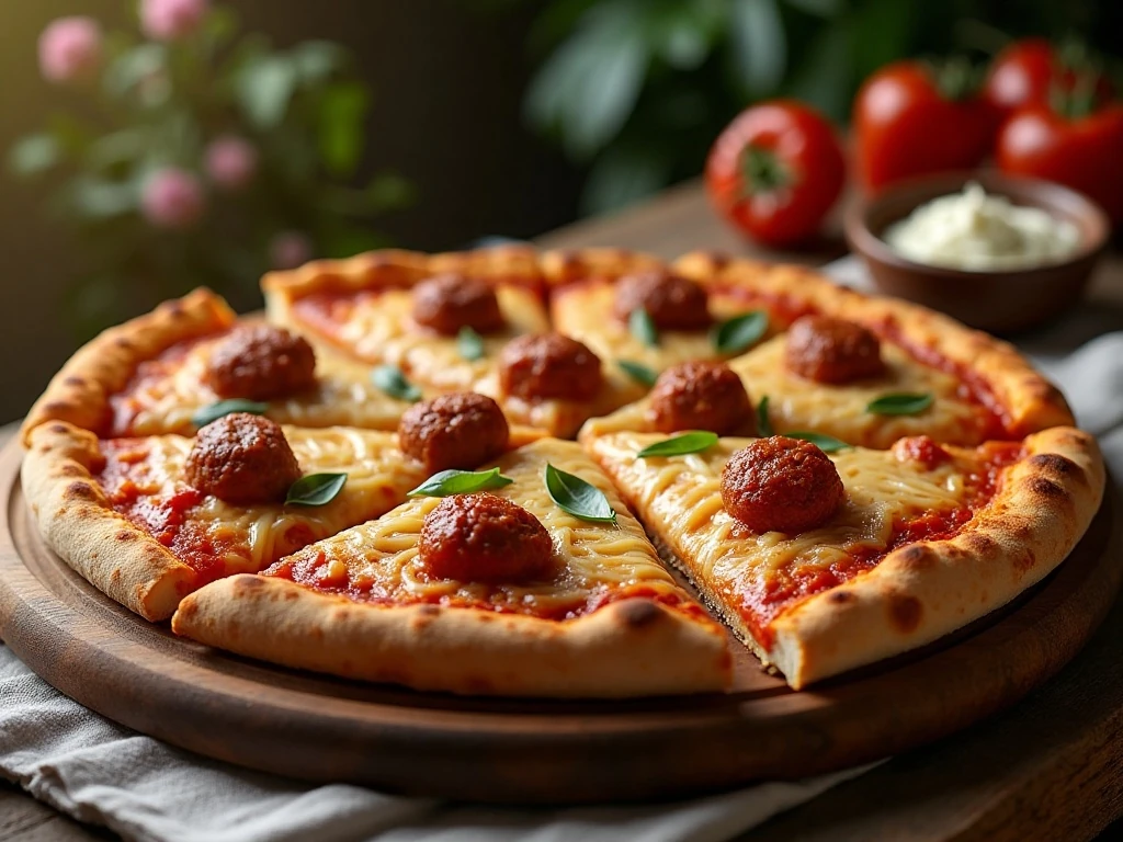 Sliced spaghetti and meatballs pizza with melted cheese and browned crust