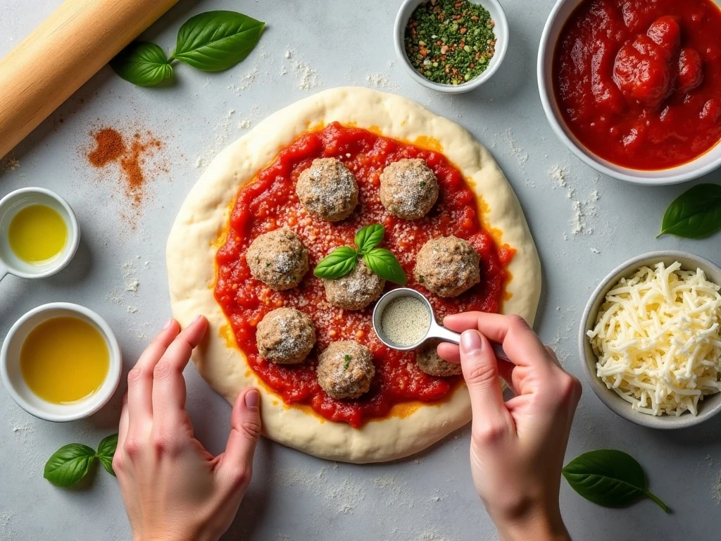 Ingredients for spaghetti and meatballs pizza