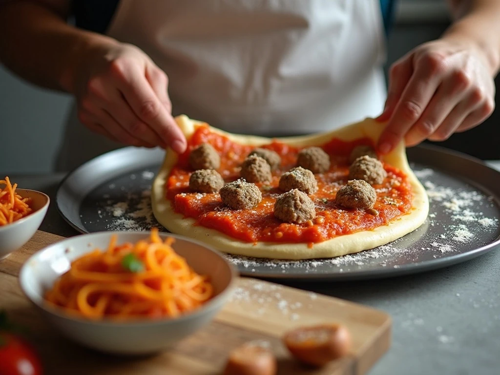 Preparing dough and toppings for spaghetti and meatballs pizza