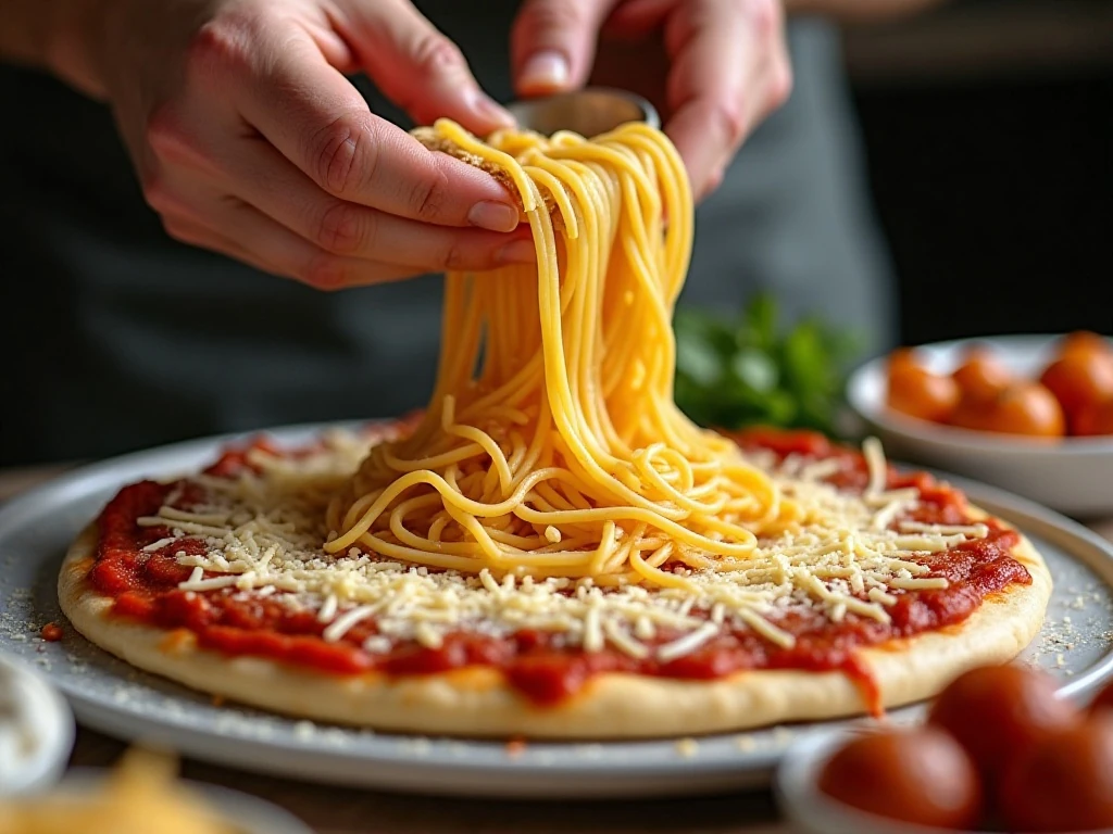 Spreading drained spaghetti evenly over pizza dough