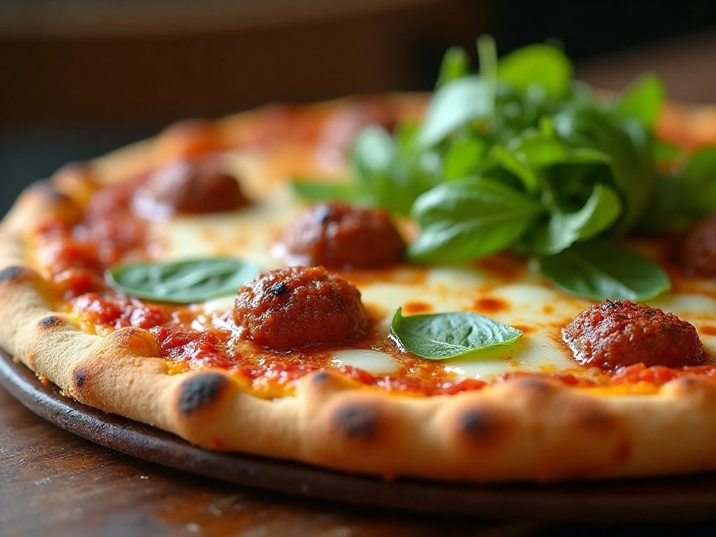Close-up slice of spaghetti and meatballs pizza with fresh basil
