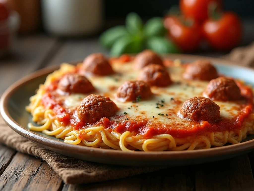 Crisp reheated spaghetti and meatballs pizza slices