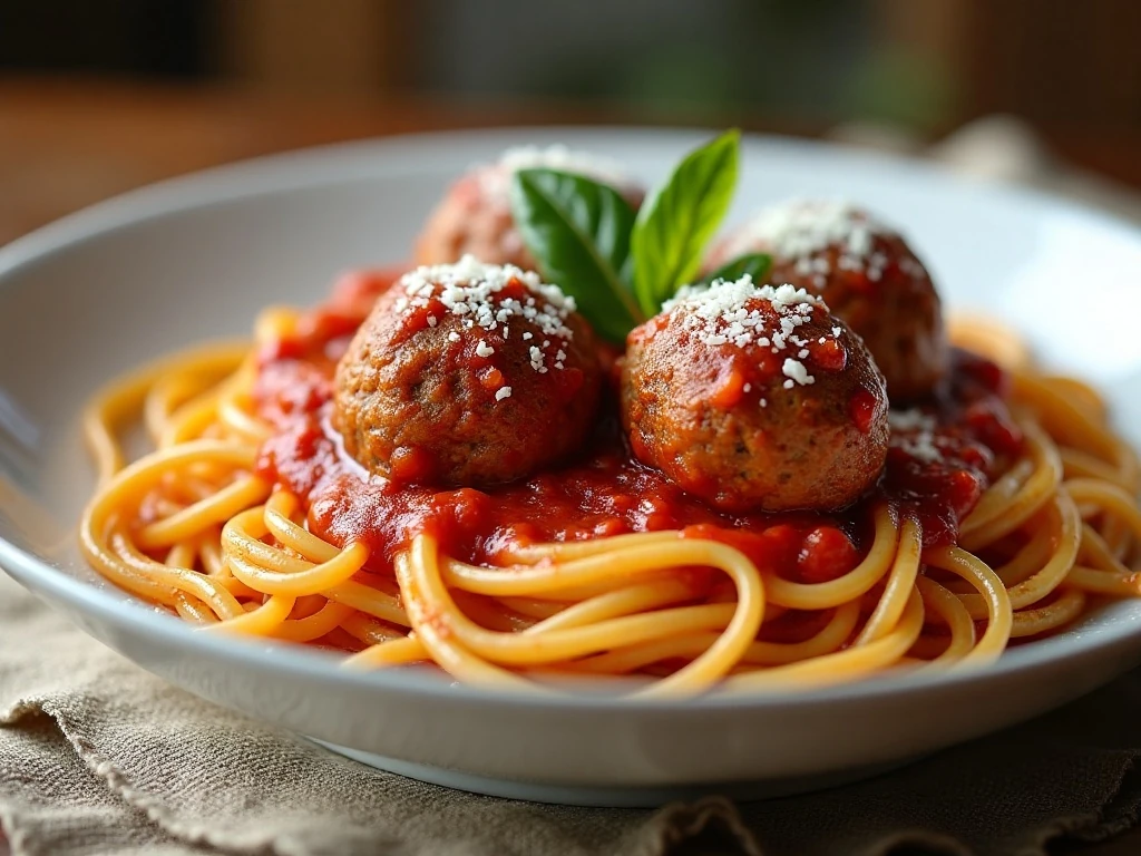 Classic homemade spaghetti and meatballs served with tomato sauce, Parmesan, and basil
