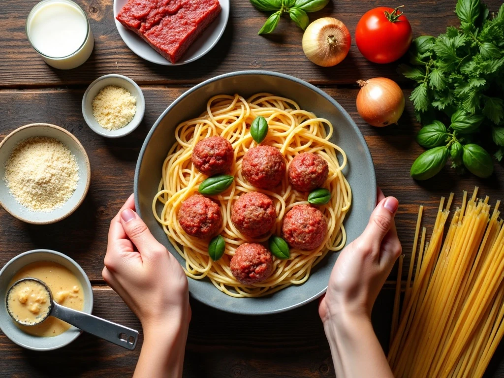 Ingredients for homemade spaghetti and meatballs arranged for cooking