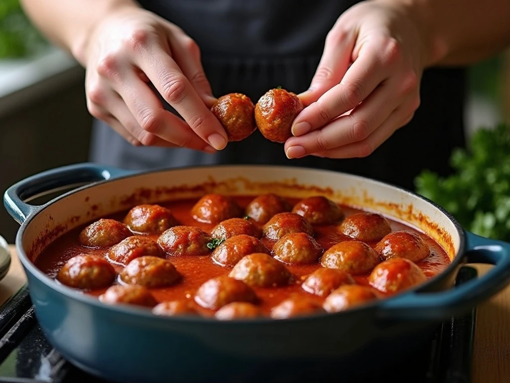 Meatballs being prepared and browned for spaghetti and meatballs