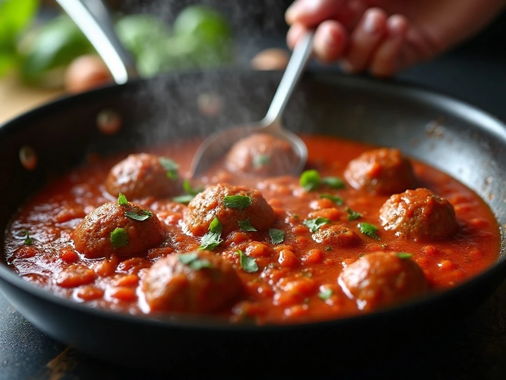 Meatballs simmering gently in homemade tomato sauce