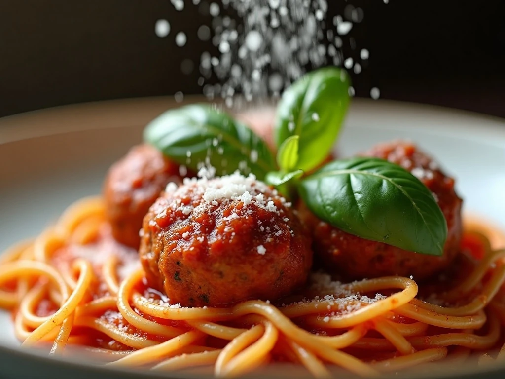 Spaghetti and meatballs finished with Parmesan and fresh basil