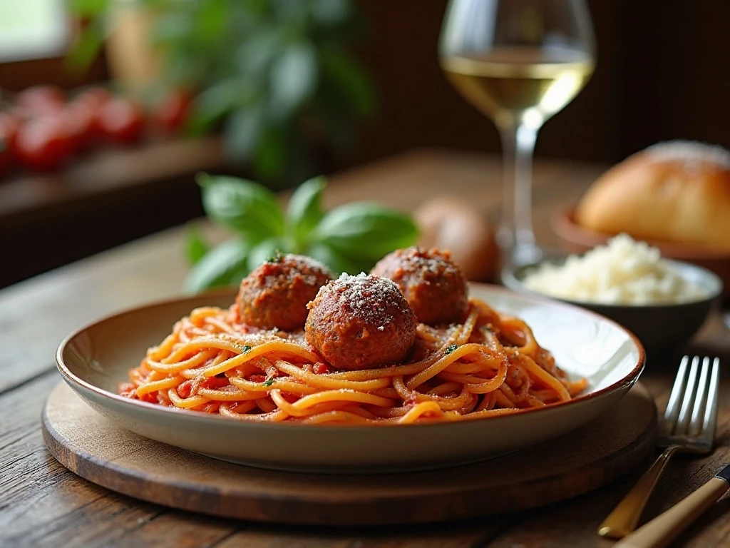 Finished bowl of classic homemade spaghetti and meatballs