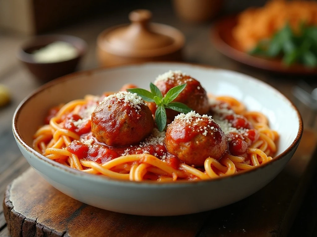 Serving of easy spaghetti and meatball casserole with melted cheese