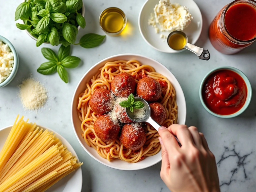 Ingredients for spaghetti and meatball casserole arranged on a counter