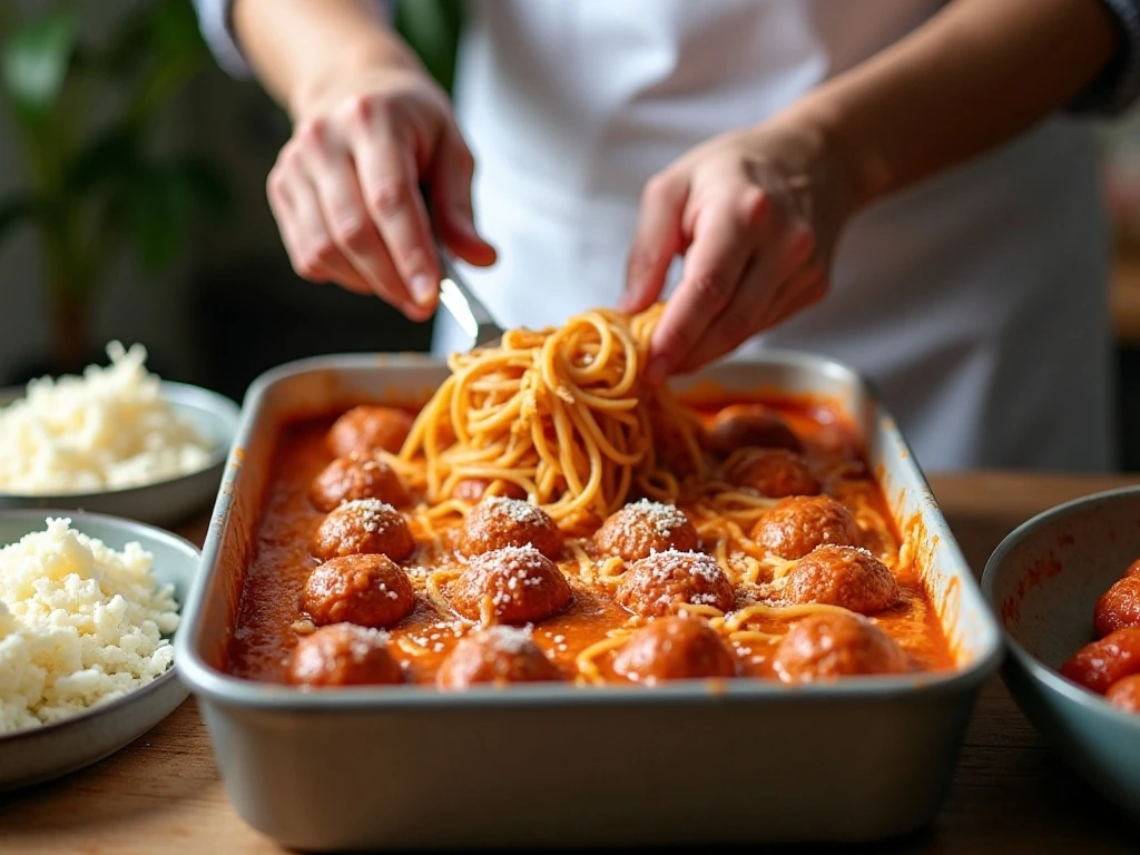 Sauced spaghetti being assembled in a casserole dish with meatballs
