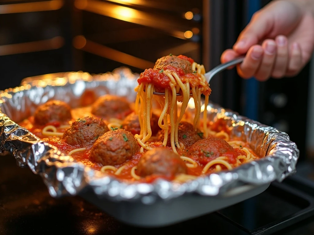 Covered spaghetti and meatball casserole baking in the oven